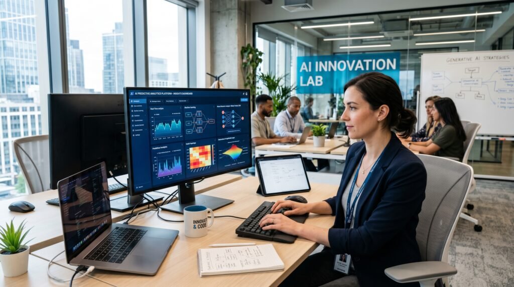 Professional using artificial intelligence tools in a modern workspace