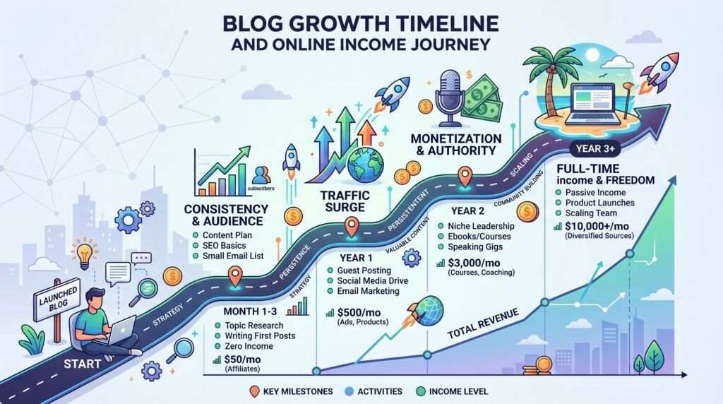 Blog growth timeline and online income journey