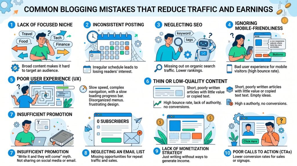 Common blogging mistakes that reduce traffic and earnings