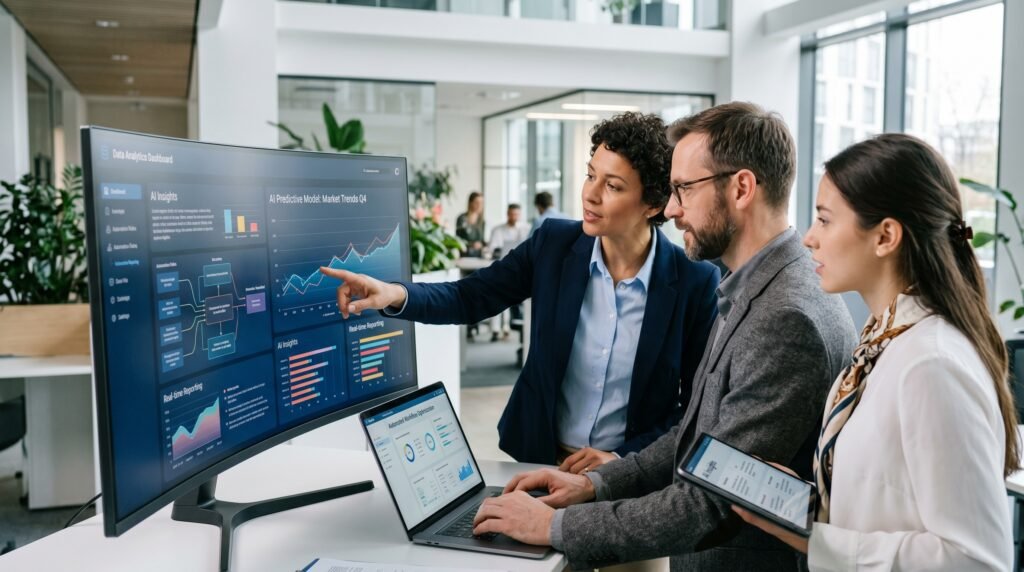 Business professionals using AI analytics and automation tools