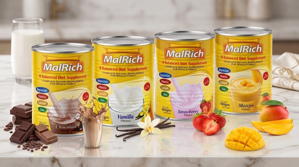 Four delicious flavors of MalRich Balanced Diet Supplement